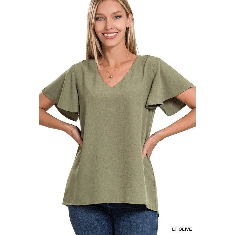 WOVEN FLUTTER SLEEVE V-NECK TOP