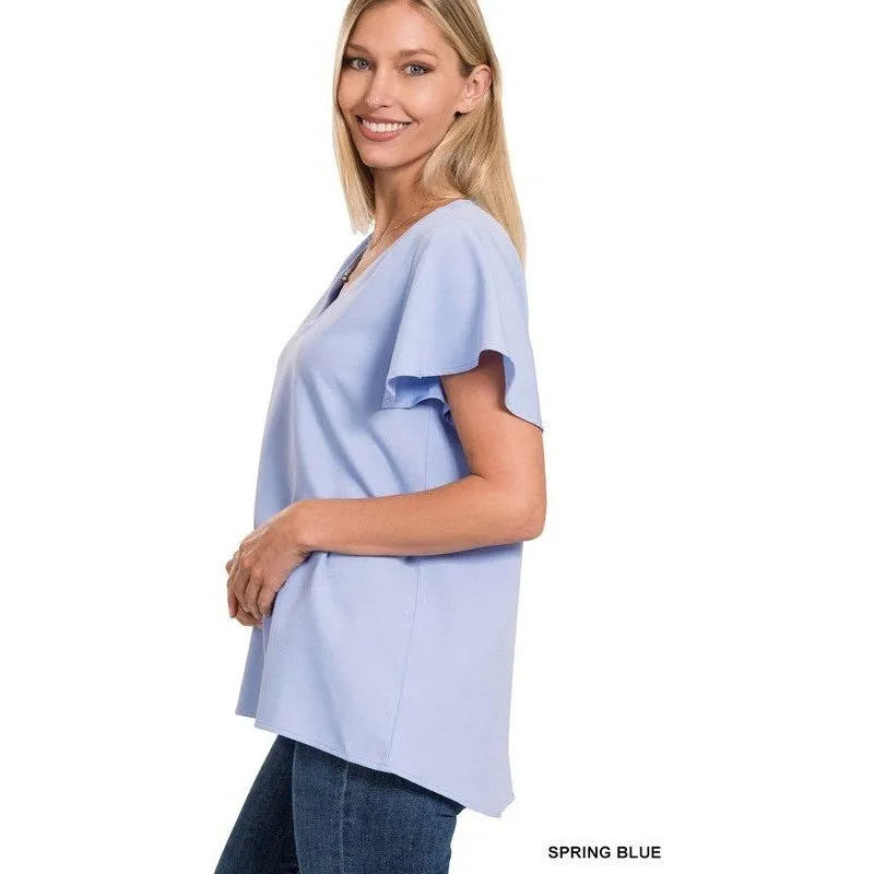 WOVEN FLUTTER SLEEVE V-NECK TOP