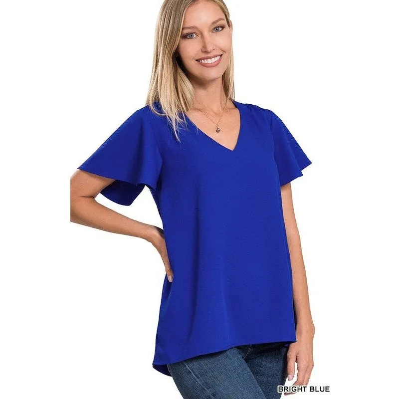 WOVEN FLUTTER SLEEVE V-NECK TOP