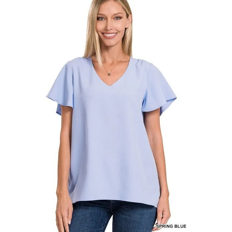 WOVEN FLUTTER SLEEVE V-NECK TOP