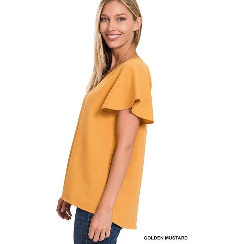 WOVEN FLUTTER SLEEVE V-NECK TOP