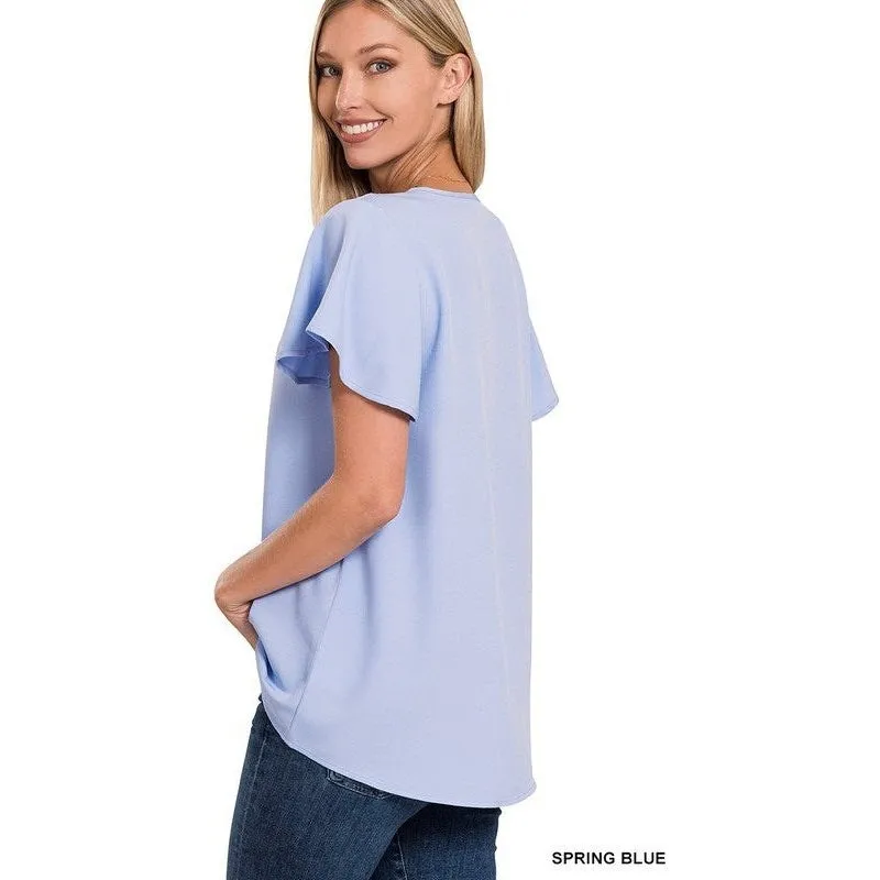 WOVEN FLUTTER SLEEVE V-NECK TOP