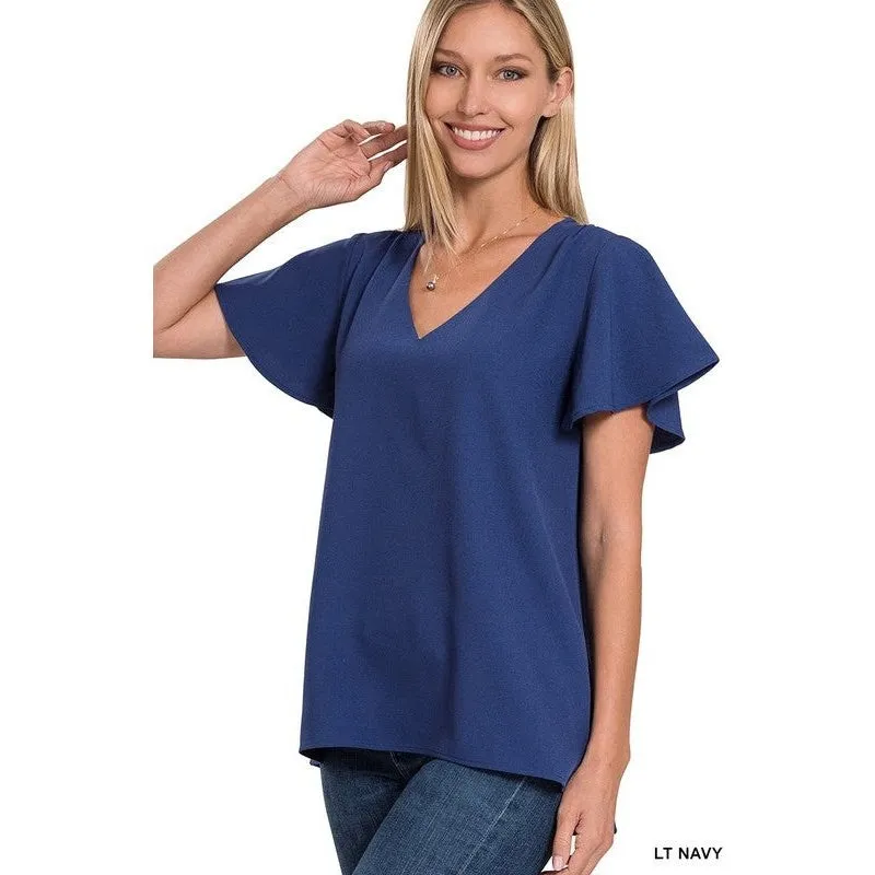 WOVEN FLUTTER SLEEVE V-NECK TOP