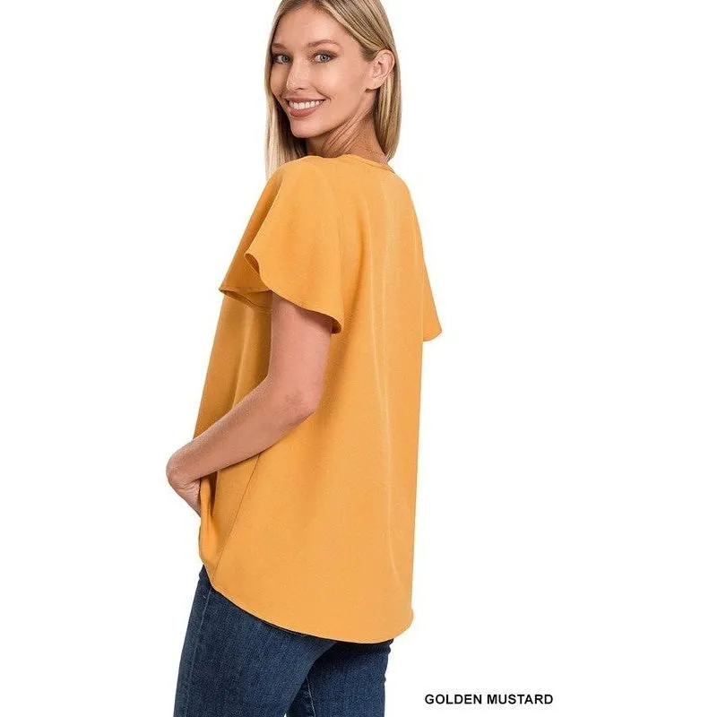 WOVEN FLUTTER SLEEVE V-NECK TOP