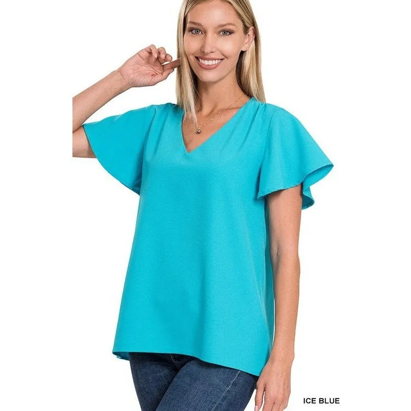 WOVEN FLUTTER SLEEVE V-NECK TOP