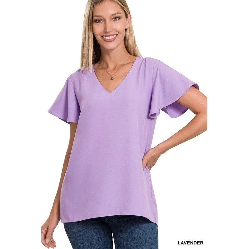 WOVEN FLUTTER SLEEVE V-NECK TOP