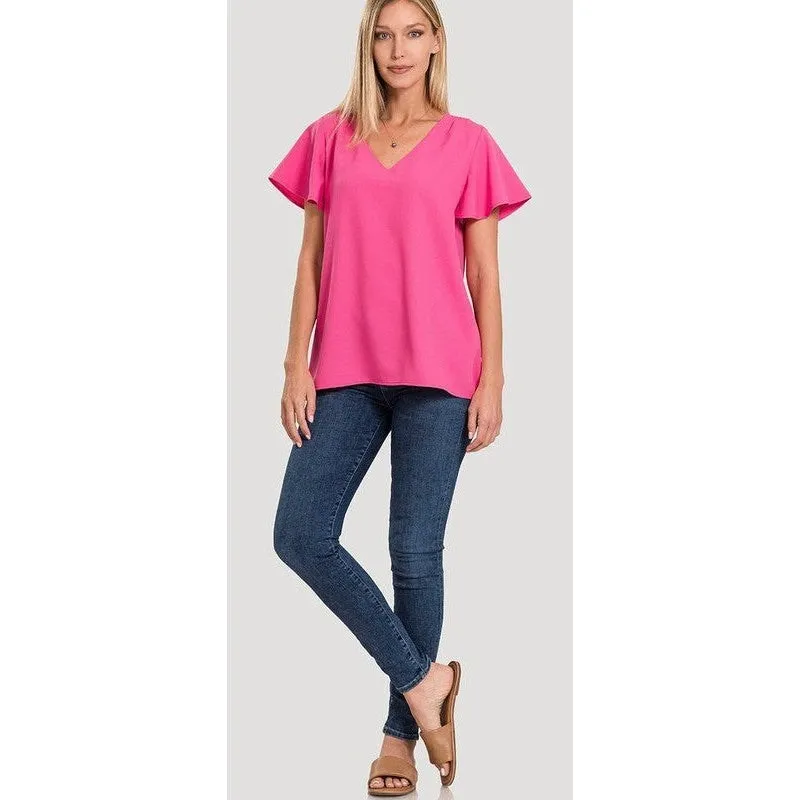 WOVEN FLUTTER SLEEVE V-NECK TOP