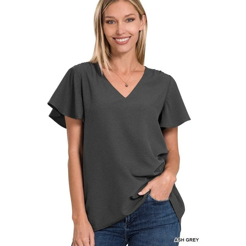 WOVEN FLUTTER SLEEVE V-NECK TOP