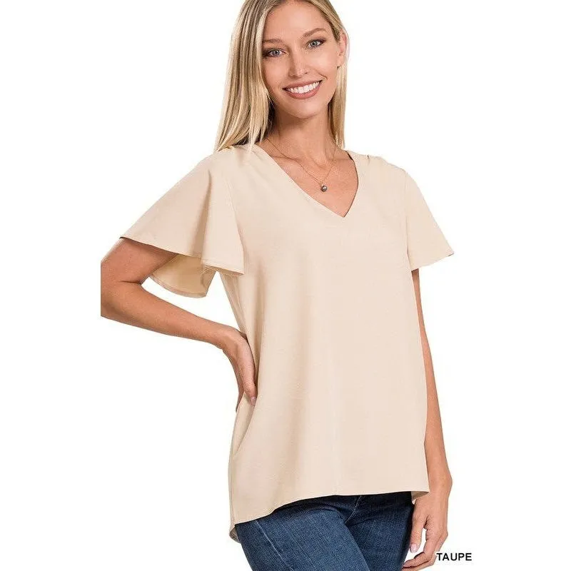 WOVEN FLUTTER SLEEVE V-NECK TOP