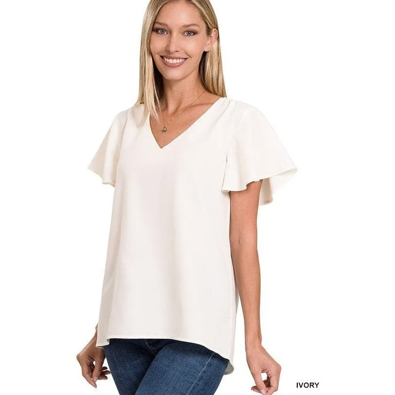 WOVEN FLUTTER SLEEVE V-NECK TOP