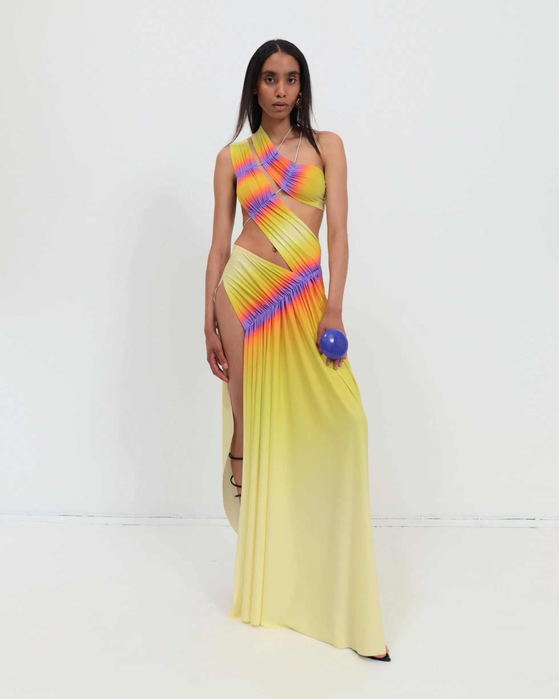 Wrap-around dress in lime/purple