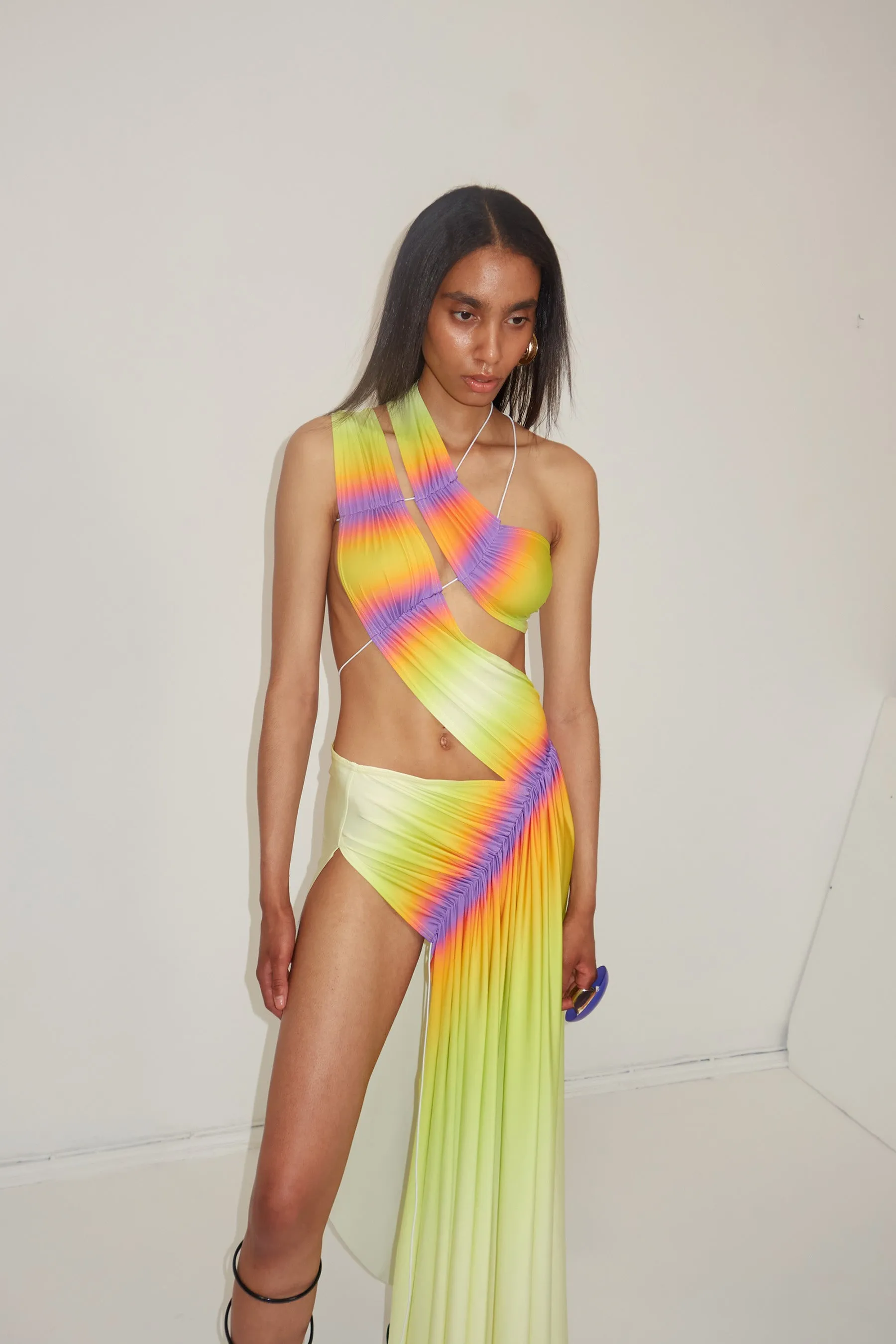 Wrap-around dress in lime/purple
