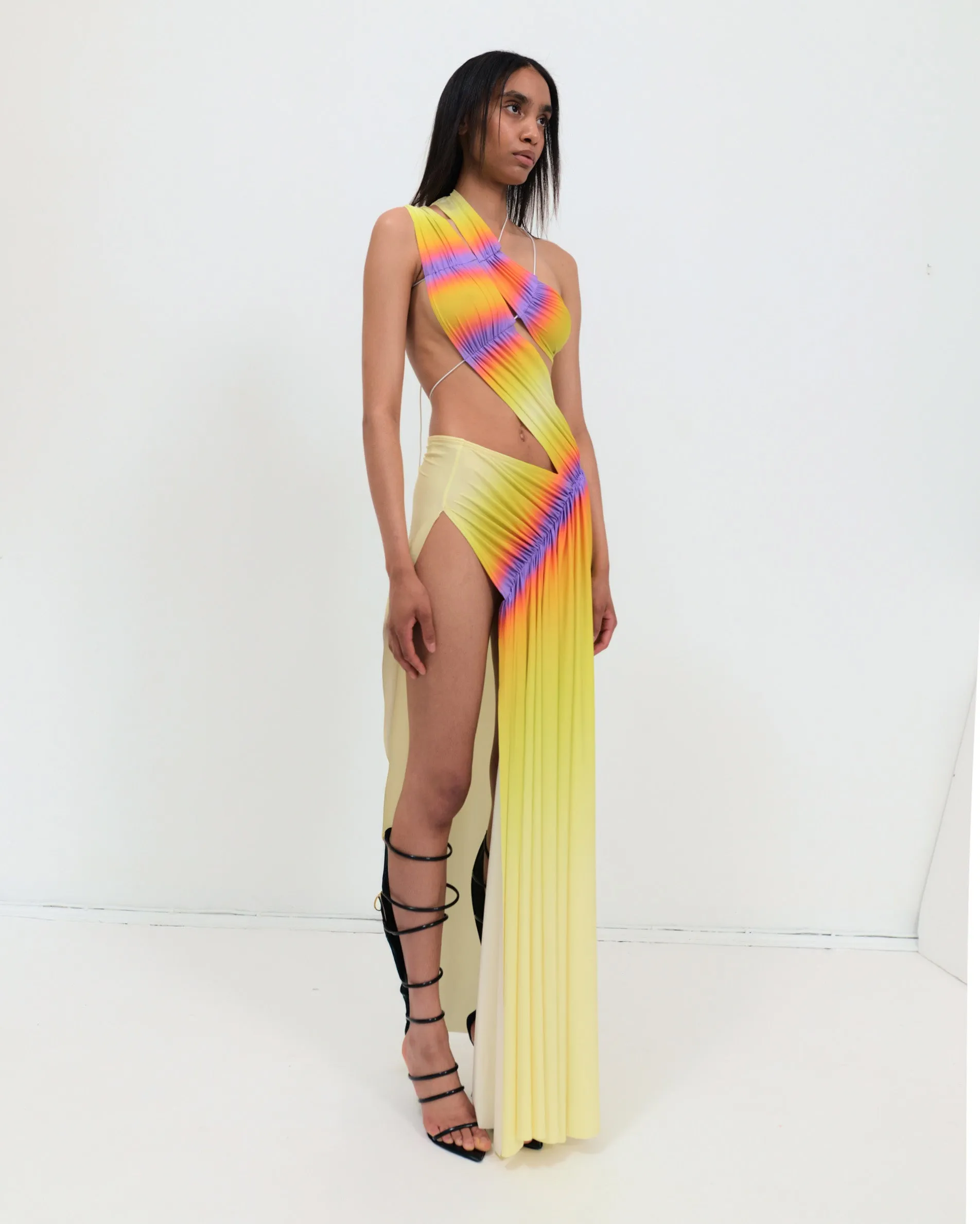 Wrap-around dress in lime/purple