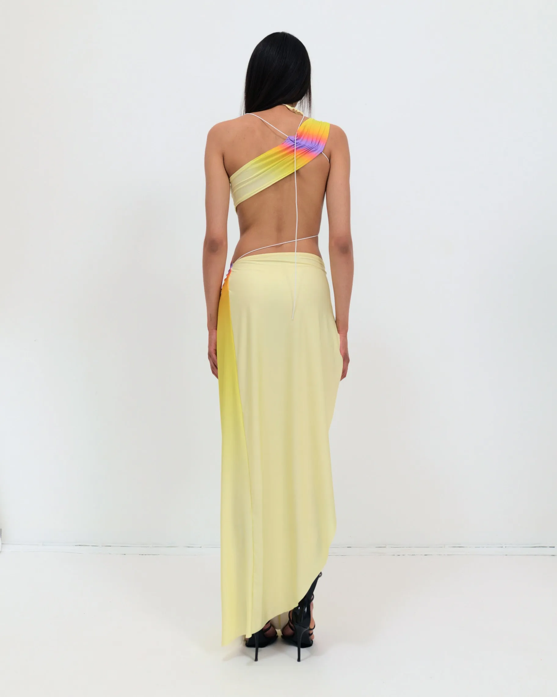 Wrap-around dress in lime/purple