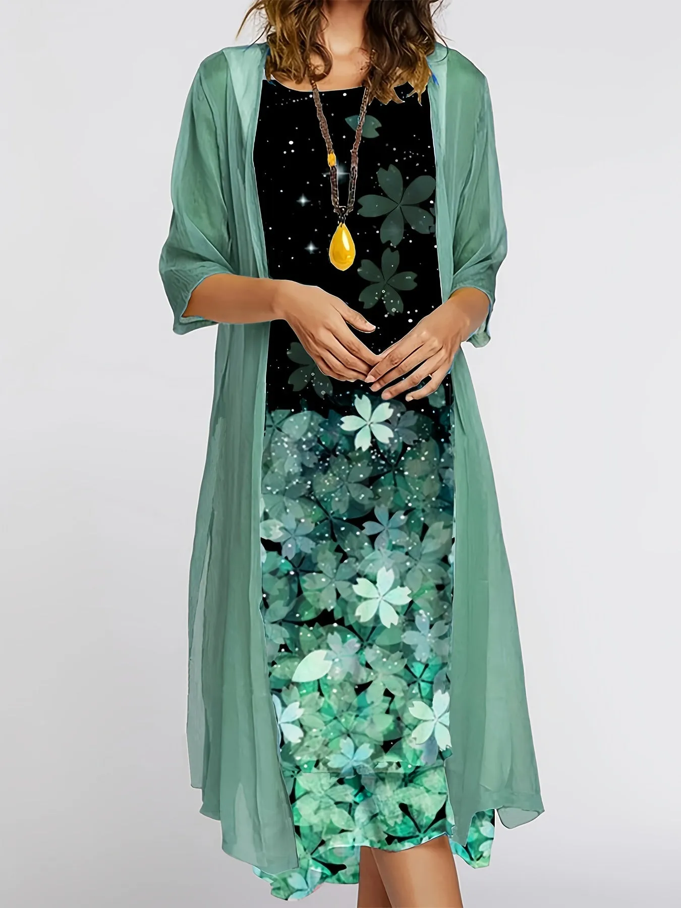 xieyinshe  Casual Print Dresses Suits 2 Piece Set, Crewneck Long Dresses & Long Sleeve Cardigan Outfits For Spring & Summer, Women's Clothing
