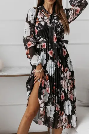 Xieyinshe Elegant Floral Fold With Belt Ribbon Collar Pleated Dresses