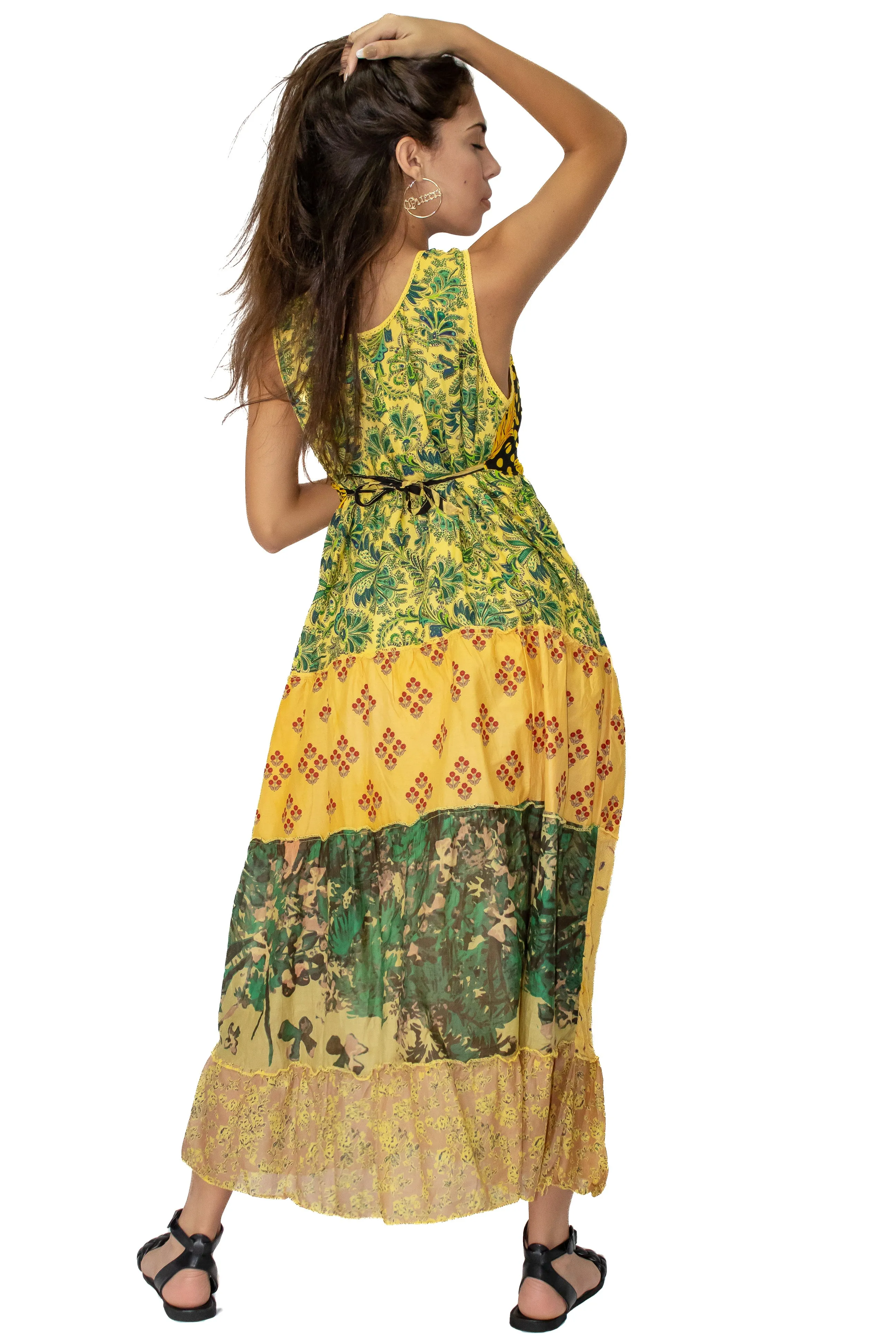 Yellow 5 Tiered Printed Long Maxi Dress