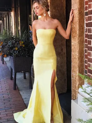 Yellow Mermaid Strapless Satin Long Prom Dresses With Leg Slit, Strapless Mermaid Yellow Formal Evening Dresses