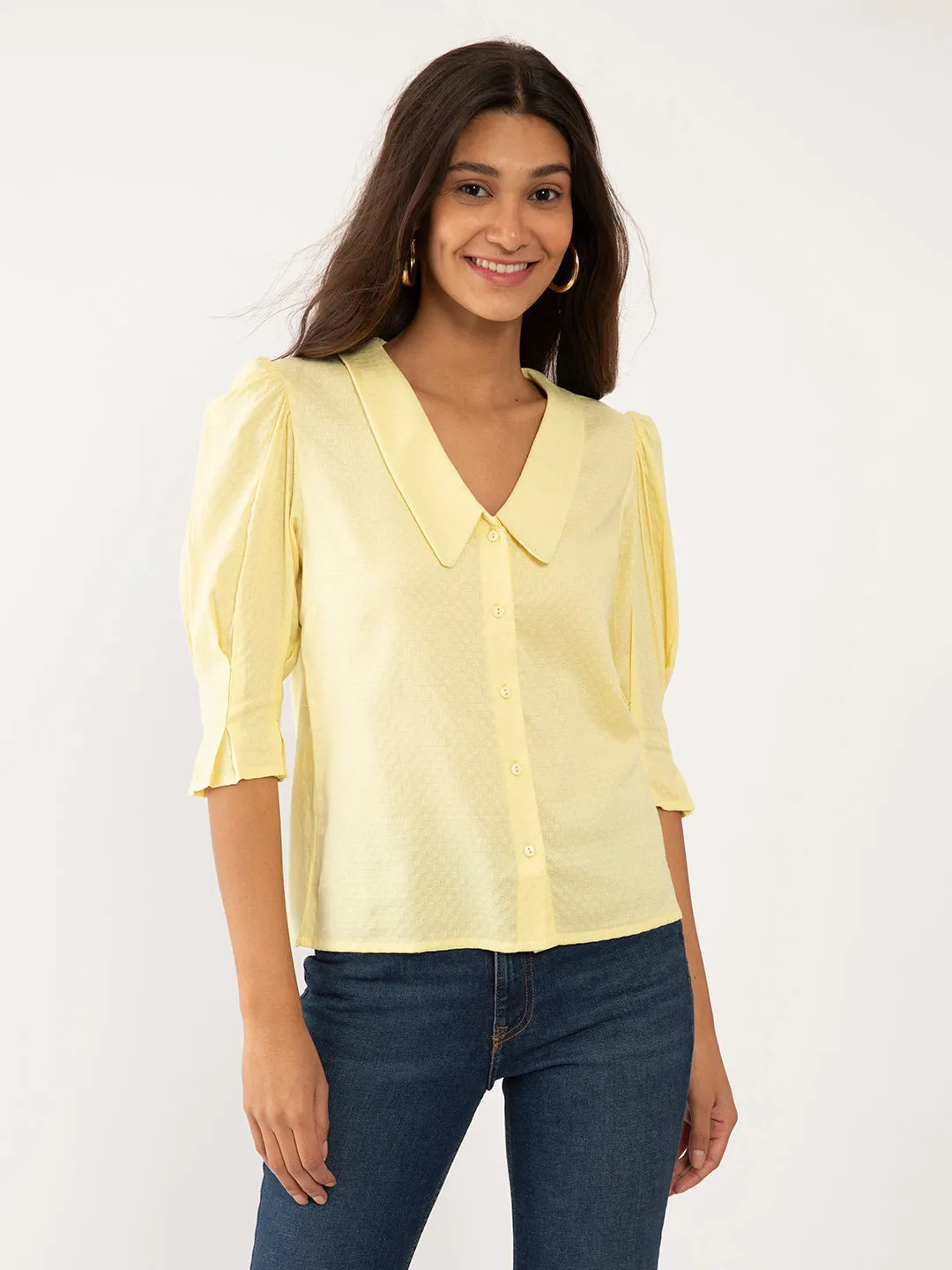 Yellow Textured Puff Sleeve Top